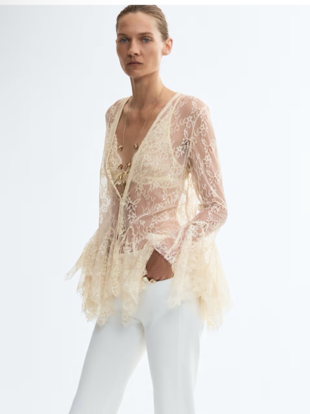 H&M EDITION NWT CREAM LACE BLOUSE WITH GODET PLEATS SIZE MEDIUM